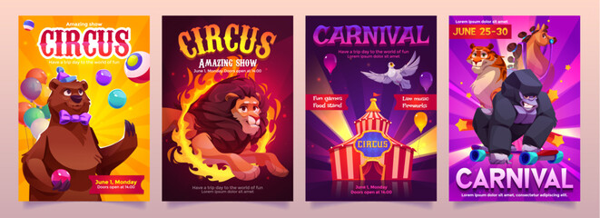 Cartoon circus posters set with performing animal characters - juggling bear, fiery lion jump, carnival tent, tiger with skateboarding gorilla and horse. Entertainment show promotional banners.