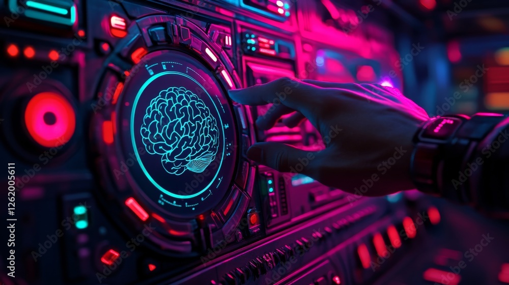 Poster stock and medical science concept, depicted by a hand interacting with a digital brain hologram on a