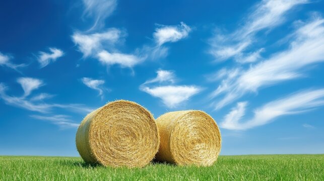 Golden hay bales in a green field under clear blue sky, serene countryside landscape