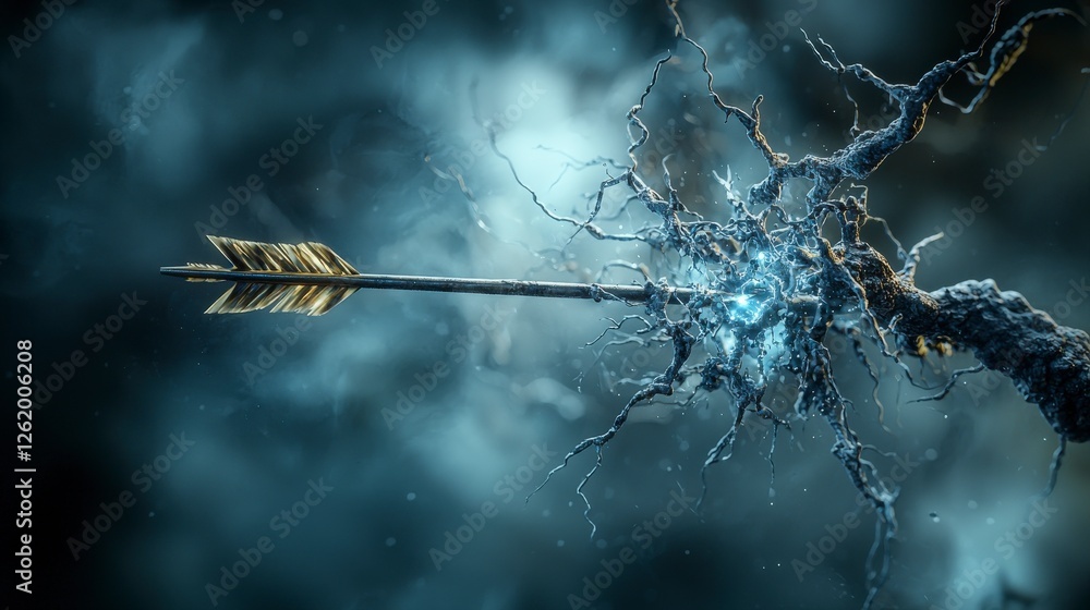 Poster Intriguing digital art a close-up of a mysterious arrow in a shattered and dramatic enigmatic environment