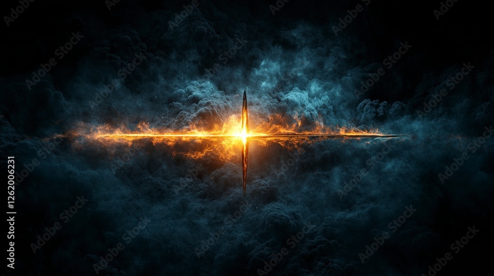 Poster glowing abstract arrow piercing through dense mist digital art mystical environment dramatic viewpoi
