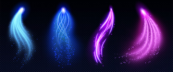 Magic glowing light arrows set with sparkling particles - neon luminous curved lines in blue, purple, pink colors on dark background. Bright mystical beam effects for fantasy game interface design. © klyaksun
