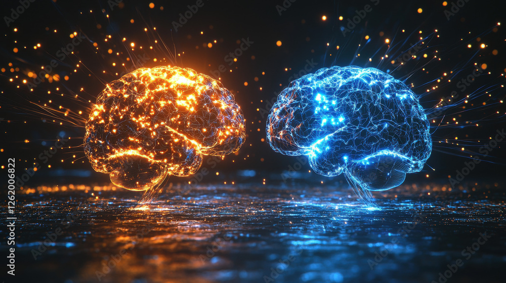 Aufkleber cybernetic ai brain and human brain engage in battle of intelligence and consciousness with glowing 