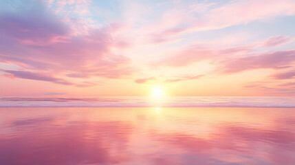 Obraz premium Serene pink sunset over calm ocean waves, reflecting the beautiful sky. Peaceful beach scene at dawn or dusk.
