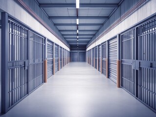 Fototapeta premium A long, narrow prison hallway with barred doors and storage units on either side. The atmosphere is quiet and empty, suggesting confinement.