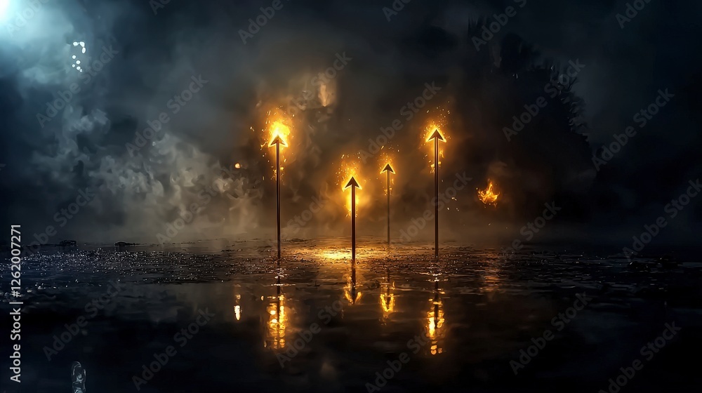 Poster Glowing abstract arrow forms illuminating misty landscape digital art creation ethereal environment dynamic view