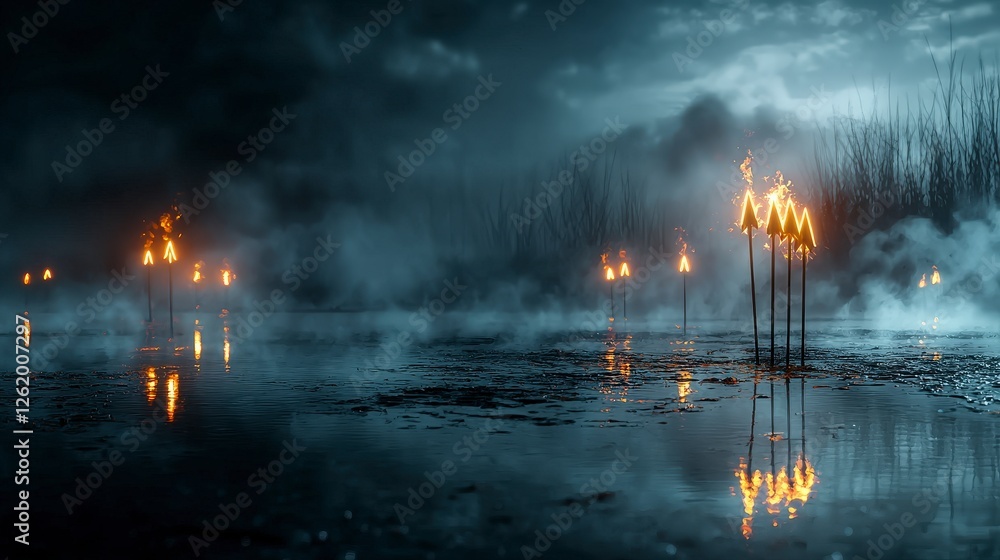 Poster glowing abstract arrow forms emerge from misty landscape at night ethereal art atmospheric viewpoint