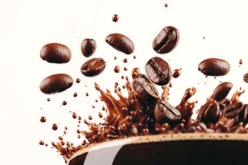 A stunning shot of coffee beans falling into dark coffee, the liquid exploding into droplets, captured in crystal-clear ultra HD with a plain white background.