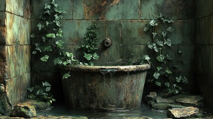 Overgrown stone tub leaks water in ruin; fantasy setting