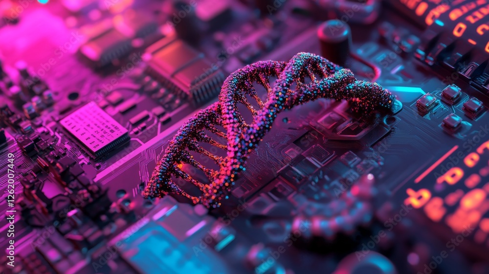 Poster a digital dna helix appears emerging from a microchip, framed by binary code and radiant circuits, e