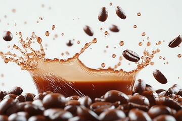 Fototapeta premium A stunning shot of coffee beans splashing into hot coffee, liquid droplets suspended in mid-air, captured in ultra-clear HD against a pure white background.