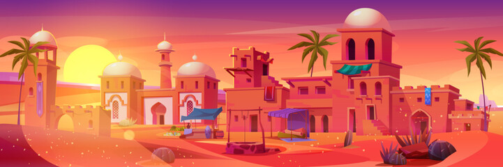 Ancient Arab town landscape with clay buildings, market stands and palm trees on vibrant sunset sky. Desert cityscape with traditional architecture, trading stalls and domed towers under bright sun.