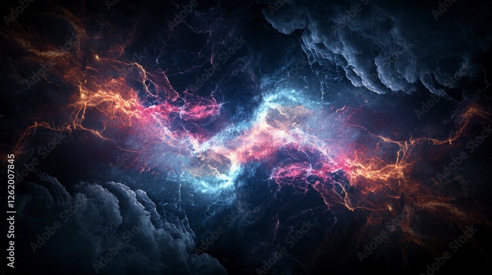 Poster Dynamic abstract luminous lines breaking across cosmic clouds digital art dark environment vivid viewpoint