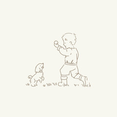 Illustration of a boy playing with dog. Cute line art, vector hand drawn illustration in graphic vintage style.