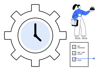 Gear-shaped clock symbolizing time, woman holding hourglass, shopping bags, checklist with marked tasks. Ideal for productivity, task management, planning, efficiency, time management work-life