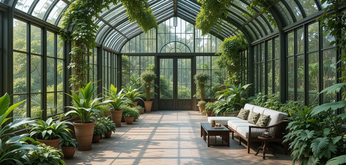 Fototapeta premium A serene garden conservatory with glass walls, lush greenery, and comfortable seating areas to relax and enjoy the view.