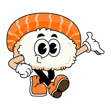 recommend clip art: Retro sushi mascot logo, sake sushi, salmon sushi welcome pose