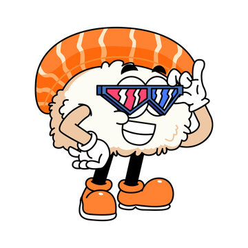 recommend clip art: Retro sushi mascot logo, sake sushi, salmon sushi wearing glasses