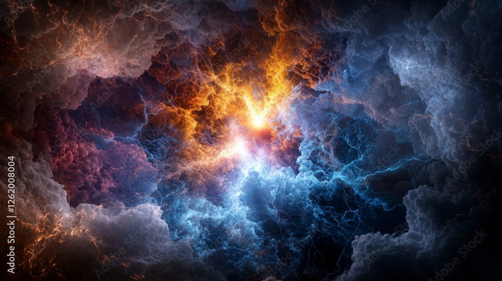 Poster Dynamic burst of colorful light in dark clouds abstract art digital design artistic environment dramatic viewpoint