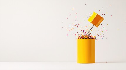 Bright yellow container bursts with colorful confetti, celebrati