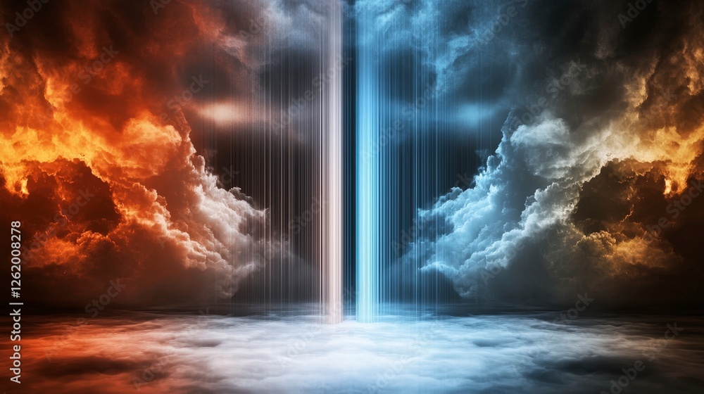 Poster surreal abstract vertical lines cut through dreamlike clouds digital art fantasy landscape ethereal 