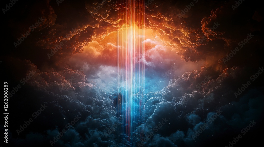 Poster surreal cloud formation with abstract vertical lines cosmic atmosphere digital art vivid colors dram