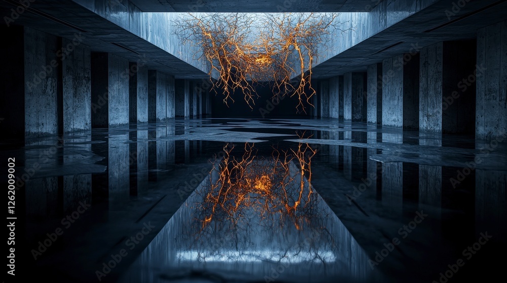 Poster low-angle surreal digital art dark currents in abandoned architecture and mysterious urban atmospher