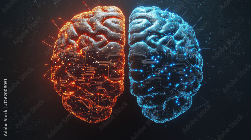 Poster fusion of organic and artificial intelligence in a cinematic portrayal of a brain merging with glowi