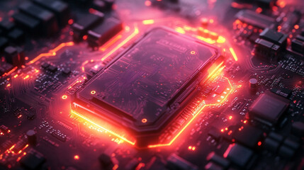 A processor chip symbolizes innovation and computational power, representing the heart of modern technology. The image conveys speed, intelligence, and progress with a futuristic and sleek aesthetic.
