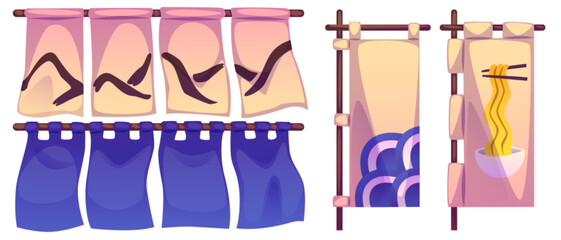 Japanese banners set isolated on white background. Vector cartoon illustration of traditional asian cloth curtains hanging on bamboo stick, decorated with oriental symbols, noodle cafe window drape