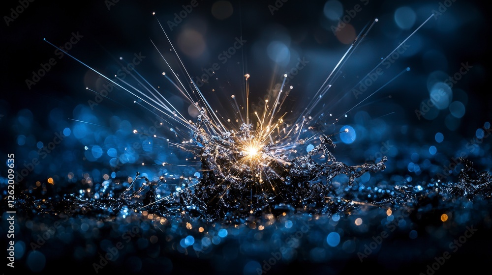Poster Dynamic water splashes create silver sparks in the dark abstract art studio setting close-up view