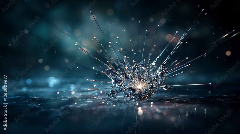Poster dynamic water droplet explosion dark environment abstract art close-up viewpoint illuminating reflec