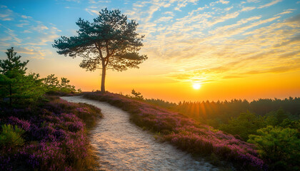Serene sunset landscape with a winding path through heather, a lone tree silhouetted against the golden sky, and distant forest.