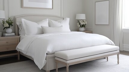 Elegant bedroom interior design, white bedding, neutral decor, natural light, calm atmosphere, home staging