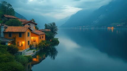 Fototapeta premium Twilight Lakeside Village, Italian Alps, Calm Waters, Night