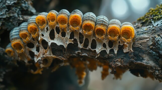 Galls on branch, forest background, nature detail, macro photography, website