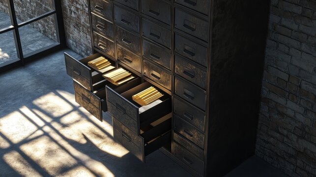 Industrial filing cabinet with open drawers, sunlight streaming in, interior design, office space, archival documents - Powered by Adobe