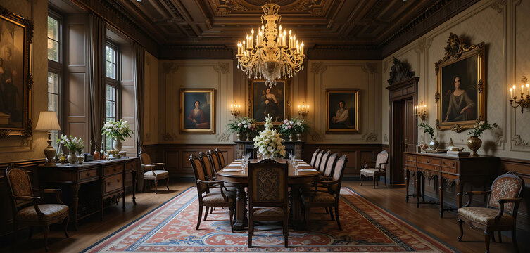 A historic manor's dining room with a grand chandelier, antique furniture, and ornate wall details.