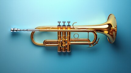 Obraz premium Gold trumpet, blue background, studio shot, music