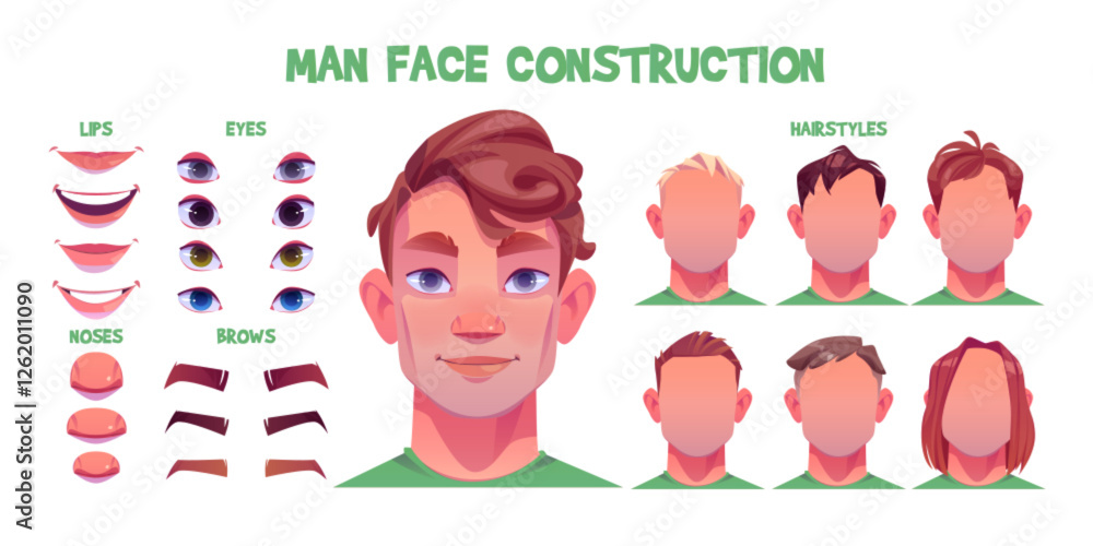 Poster man face construction parts with facial elements - mouth expressions, nose shapes, eye variants with