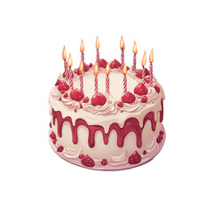 A birthday cake with lit candles, Isolated on transparent or white background cut out, Holidays and Celebrations clip art concept