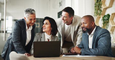 Meeting, laptop and business people with manager in office for finance investment with company...