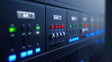 Close-up of server rack controls with blinking lights and buttons.