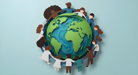 World Earth Day concept featuring a paper cut illustration from above showing a people hugging a colourful green globe on the left. no text
