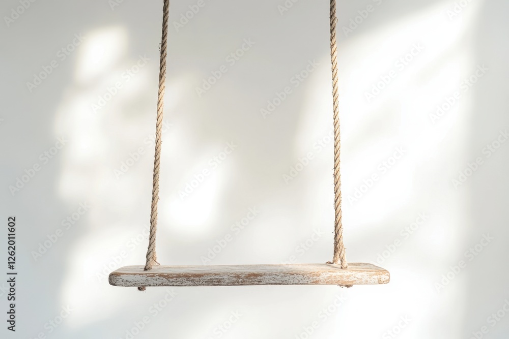 Poster A rustic wooden swing hangs against a white wall