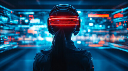 A futuristic cybernetic woman stands with her back turned, symbolizing technology, artificial intelligence, and human-machine integration, evoking mystery, power, and the evolution of digital identity