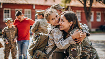 Military mom surprising kids school pickup emotional embrace Schoolyard setting playground background