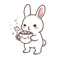 Cute Bunny with Cat Marshmallows in Hot Cocoa - Cartoon