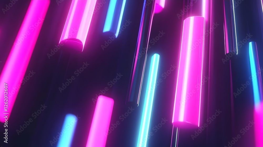 Poster vibrant neon light tubes suspended in a dark space, creating a dynamic and colorful visual effect