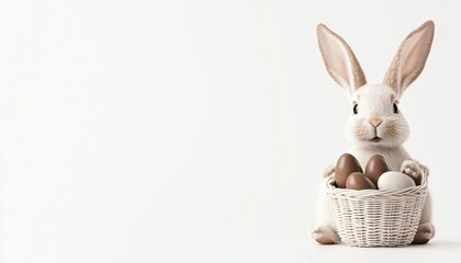 a cute bunny with a tiny basket of chocolate eggs, charming holiday icon, isolated on white background
